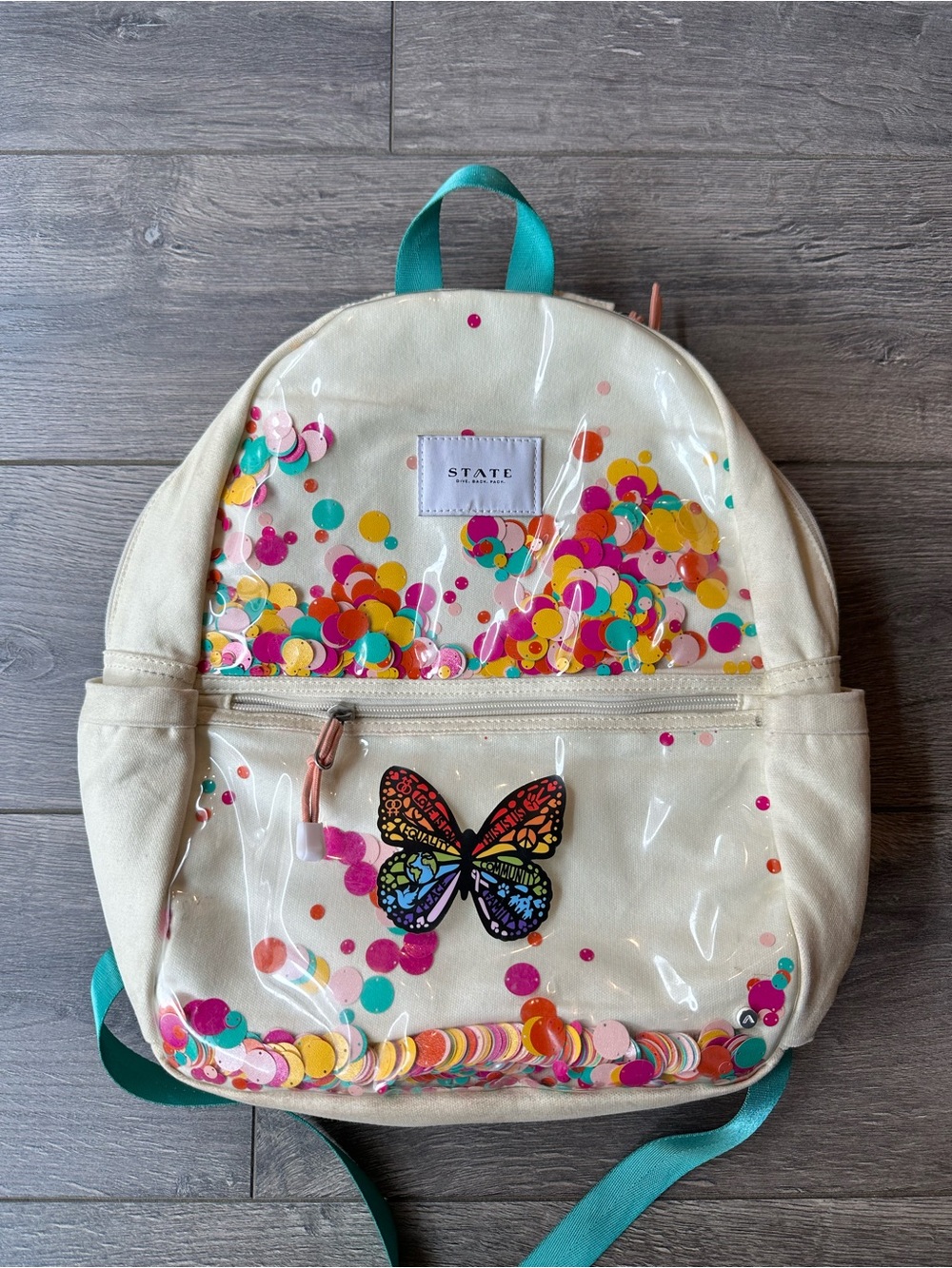 STATE Cream Kids Backpack with Multicolor Confetti & Rainbow Butterfly